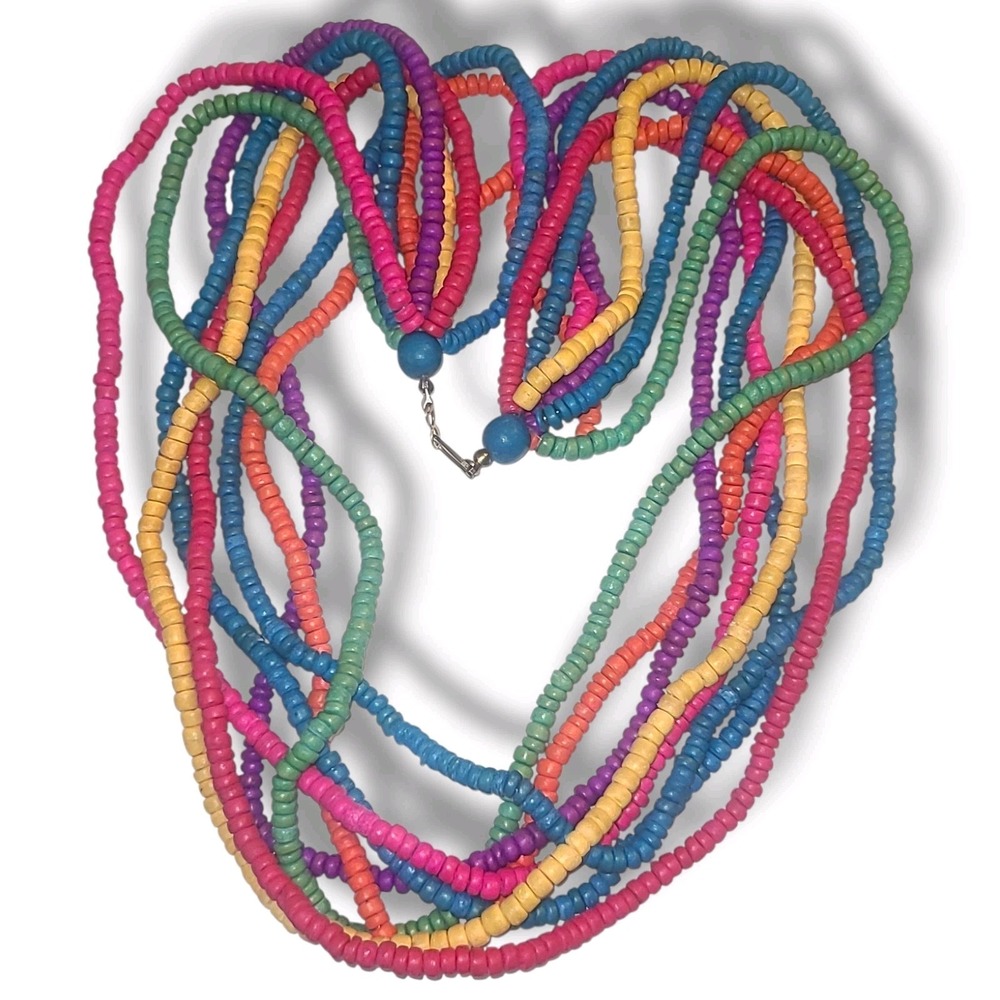 Vintage Multi Strand Wood Coconut Bead Necklace Rainbow Boho Hippie Festival 27"
